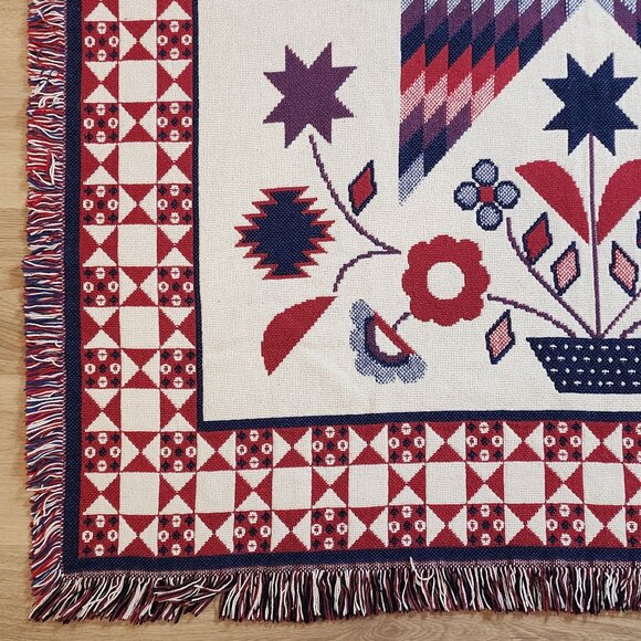 Woven Blanket Wall Hanging Patriotic Red White Blue Fringed Flowers Patchwork - Picture 4 of 14